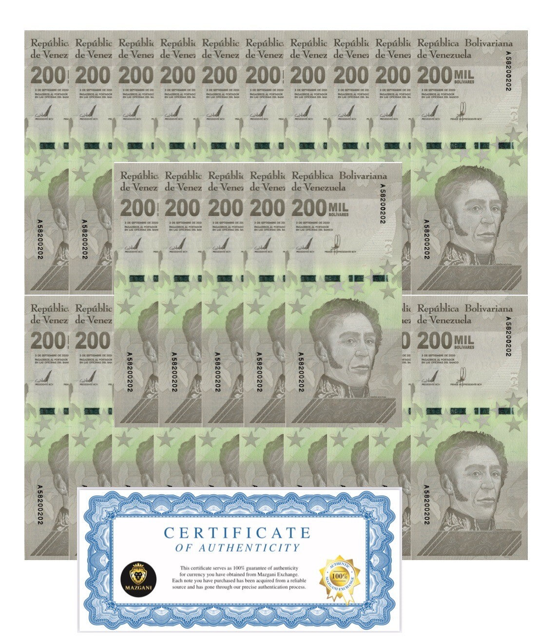 Venezuela 200000 Bolivar Soberano qty 25 2020 UNC 5 Million Bolivar total New0