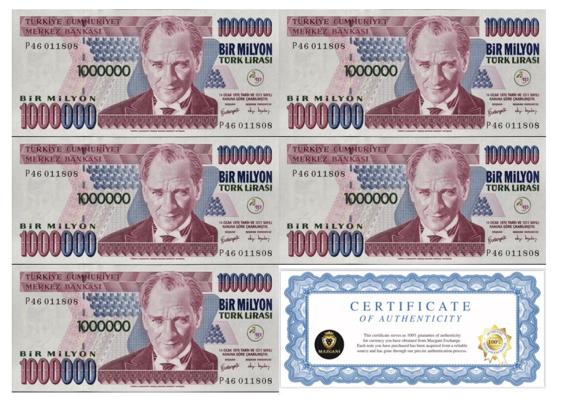 TURKEY 1,000,000 Lira qty 5 (5 MILLION TL Total) 1970-2002 UNC BANKNOTE USA0