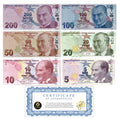 Turkey 200, 100, 50, 20, 10, 5 Lira Banknote 6 Pcs SET 2009 (2020) ND, UNC NEW0