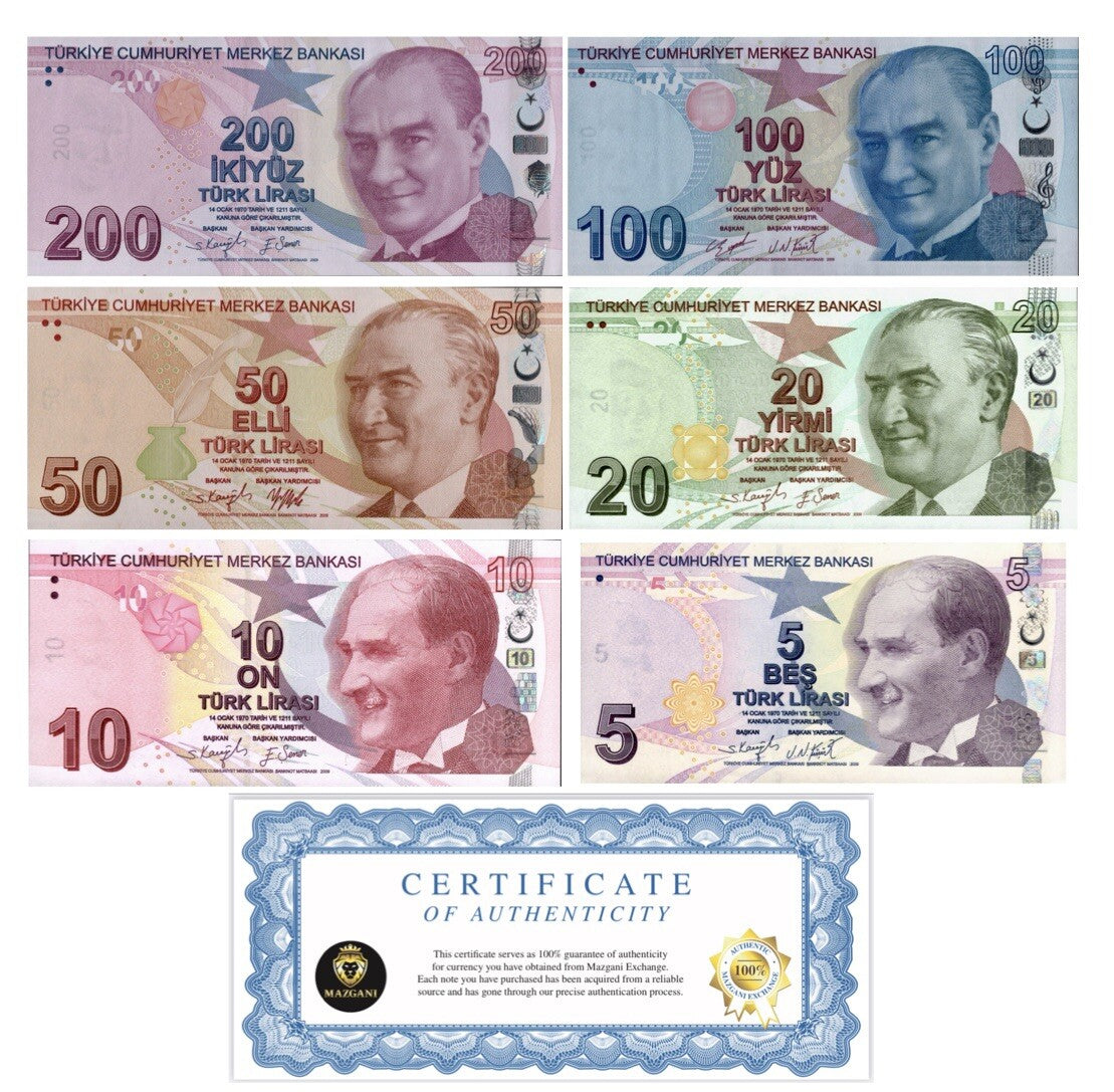 Turkey 200, 100, 50, 20, 10, 5 Lira Banknote 6 Pcs SET 2009 (2020) ND, UNC NEW0