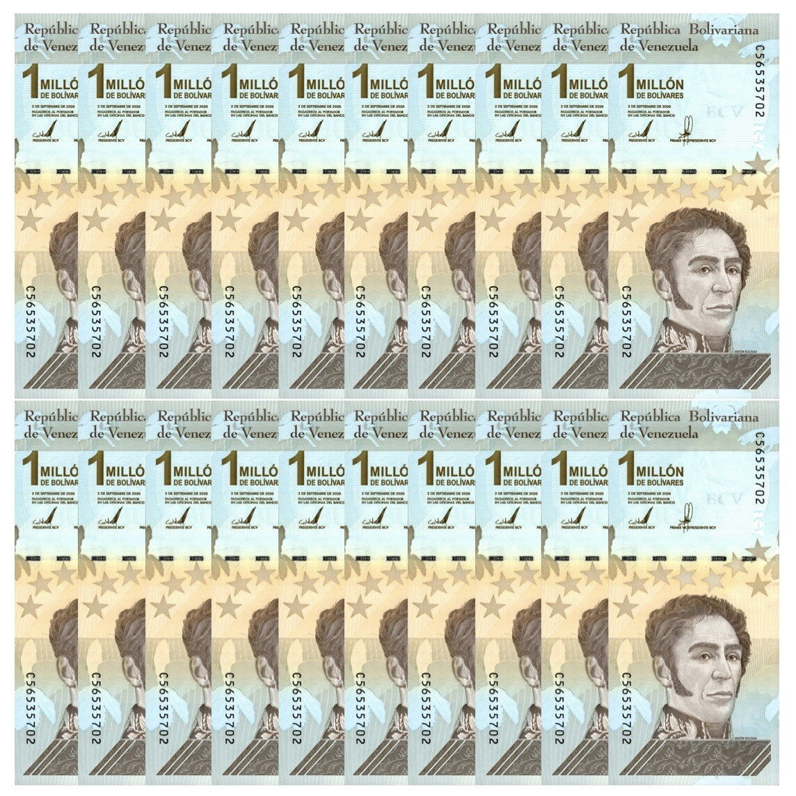 Venezuela 1 Million Bolivar Soberano qty 20 UNC Banknote 2020, New COA0