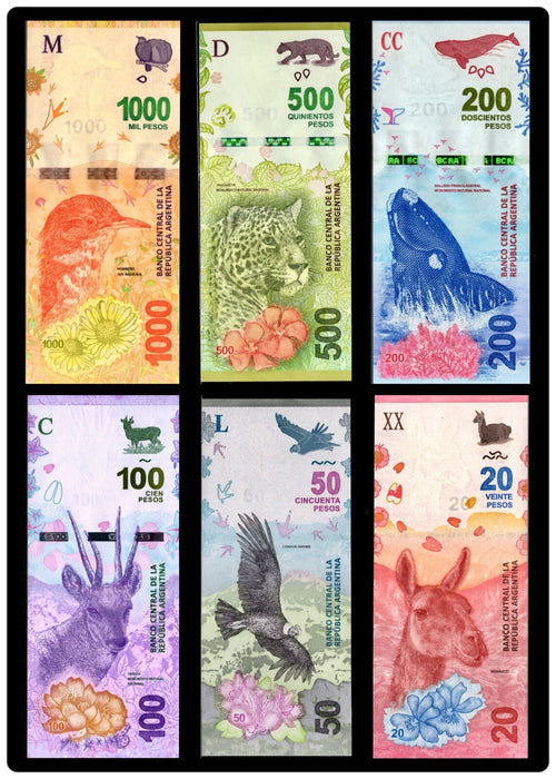Argentina 20 50 100 200 500 1000 Pesos 6 Pcs SET NEW, 2016-2019 Banknote ND UNC1