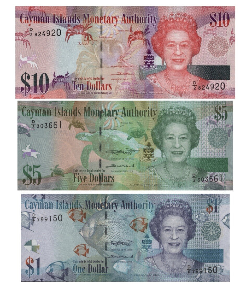 Cayman Islands 1, 5, 10 dollars 3 Pcs Set 2014 - 2018 UNC Queen Elizabeth II New0