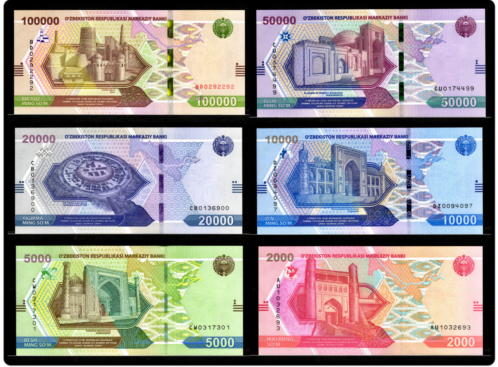 Uzbekistan 2000 5000 10,000 20,000 50,000 100,000 Sum, 6 Pcs SET, 2021, UNC NEW0