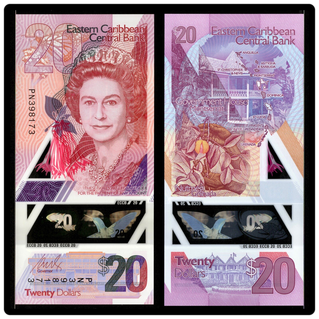 East Caribbean 20 Dollars, 2019 P-New Queen Elizabeth II Polymer Banknote UNC0