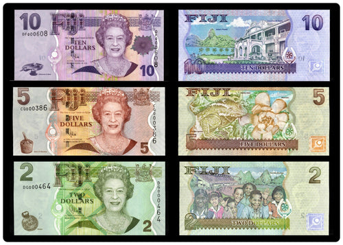 FIJI 2, 5, 10 dollars 3 Pcs SET Banknotes UNC  Queen Elizabeth II0