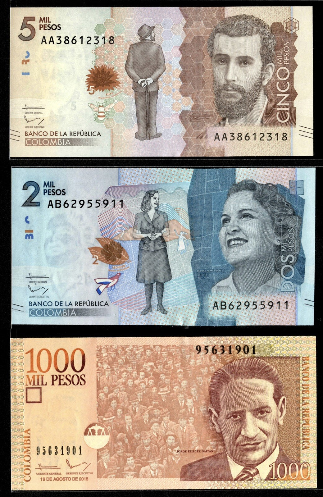 Colombia 5000, 2000, 1000 Pesos 3 Pcs set 2015 Banknote UNC New0