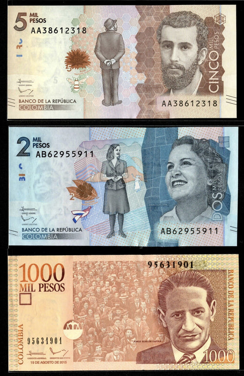 Colombia 5000, 2000, 1000 Pesos 3 Pcs set 2015 Banknote UNC New0