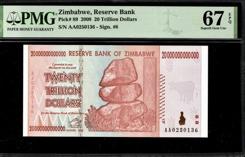 20 Trillion Dollars Zimbabwe 2008 P90 PMG 67 EPQ Gem UNC Authentic0