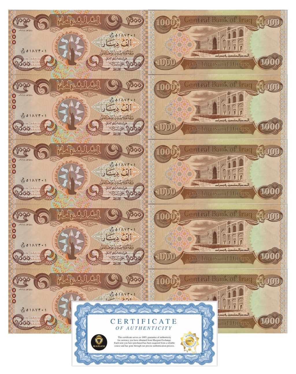 Iraq 5000 Dinar Banknotes 2018 UNC (5 x 1000 IQD) New 1000 Dinar qty 52