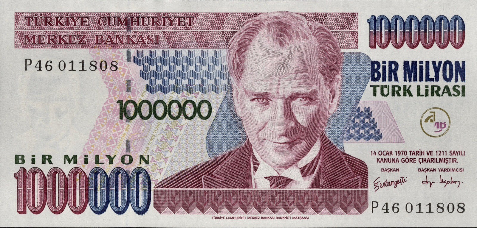 TURKEY 1,000,000 Lira qty 5 (5 MILLION TL Total) 1970-2002 UNC BANKNOTE USA2