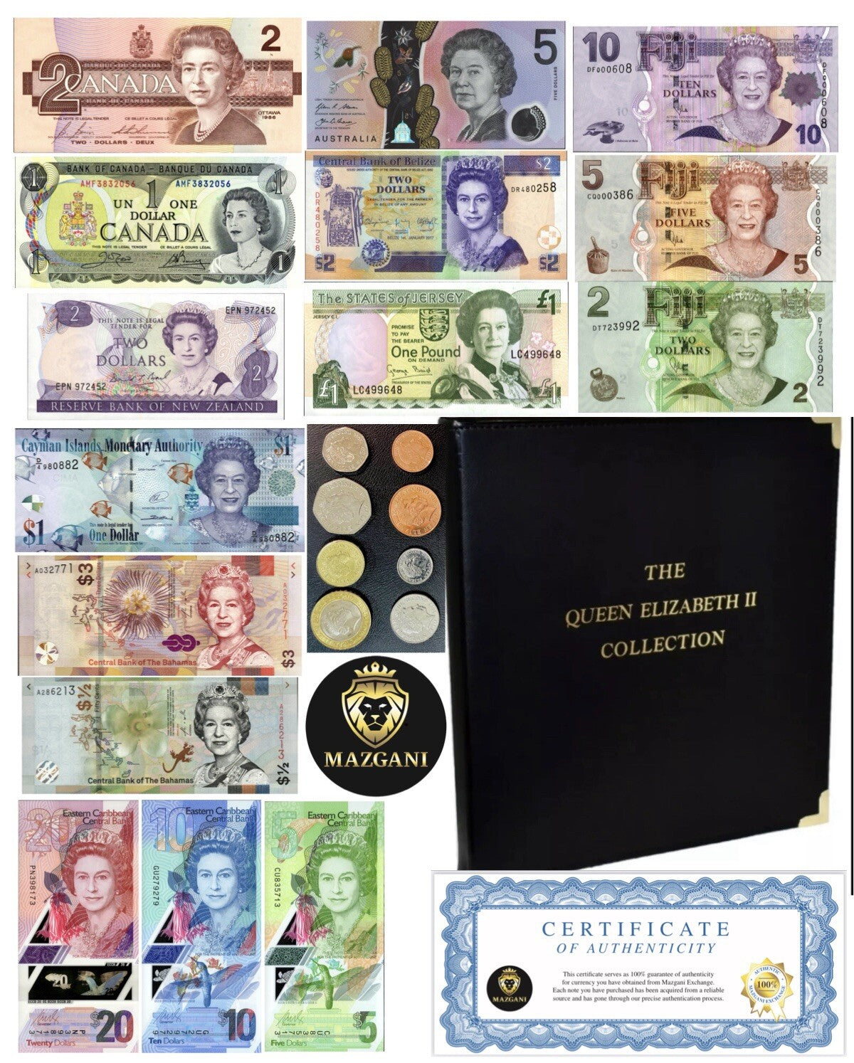 Queen Elizabeth II, 23 PCs Banknote/Coin Album Set, UNC Currency Gift Set1
