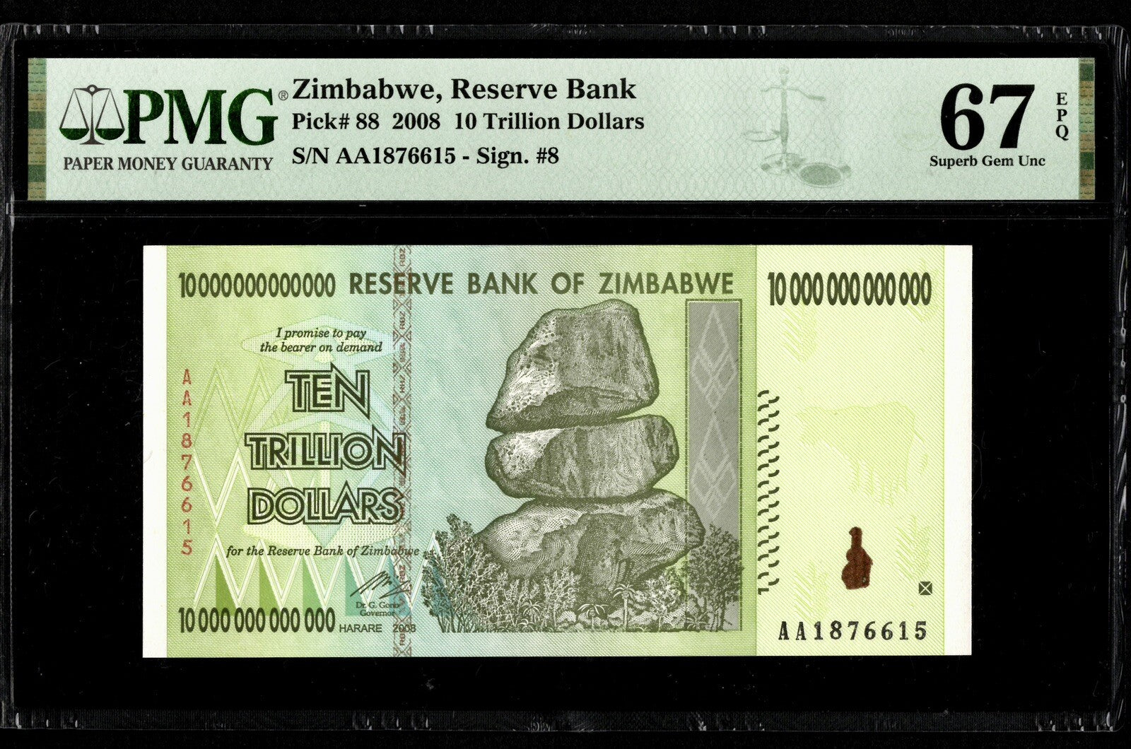 Zimbabwe 10 Trillion Dollars  2008 P88 PMG 67 EPQ Gem UNC Authentic USA0