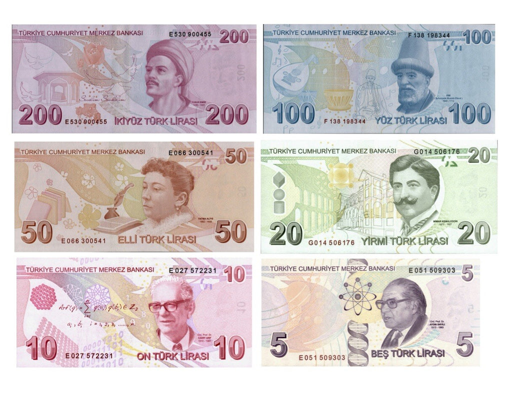 Turkey 200, 100, 50, 20, 10, 5 Lira Banknote 6 Pcs SET 2009 (2020) ND, UNC NEW2