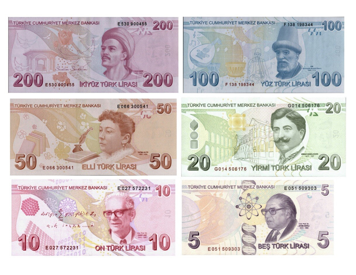 Turkey 200, 100, 50, 20, 10, 5 Lira Banknote 6 Pcs SET 2009 (2020) ND, UNC NEW2