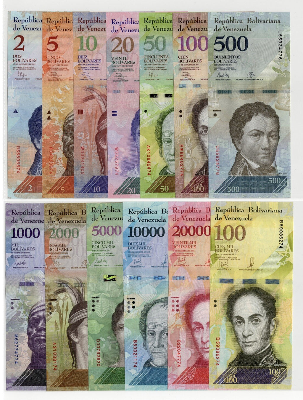 Venezuela 2 to 100,000 Bolivares, 2007-2017 FULL SET, 13 Pcs UNC Banknotes0