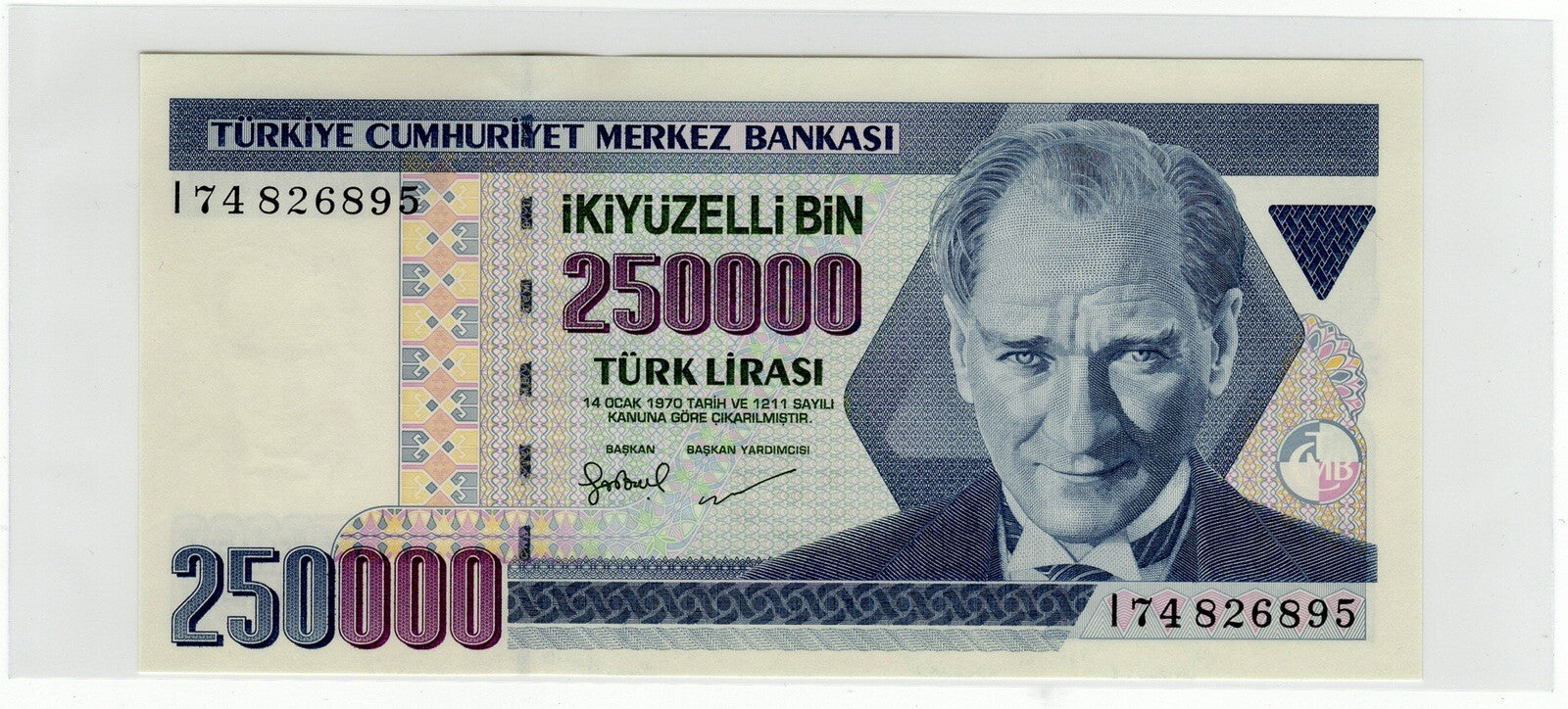 TURKEY  250,000 (1/4 MILLION) LIRA P-211 1998  ATATURK MONUMENT UNC BANKNOTE1