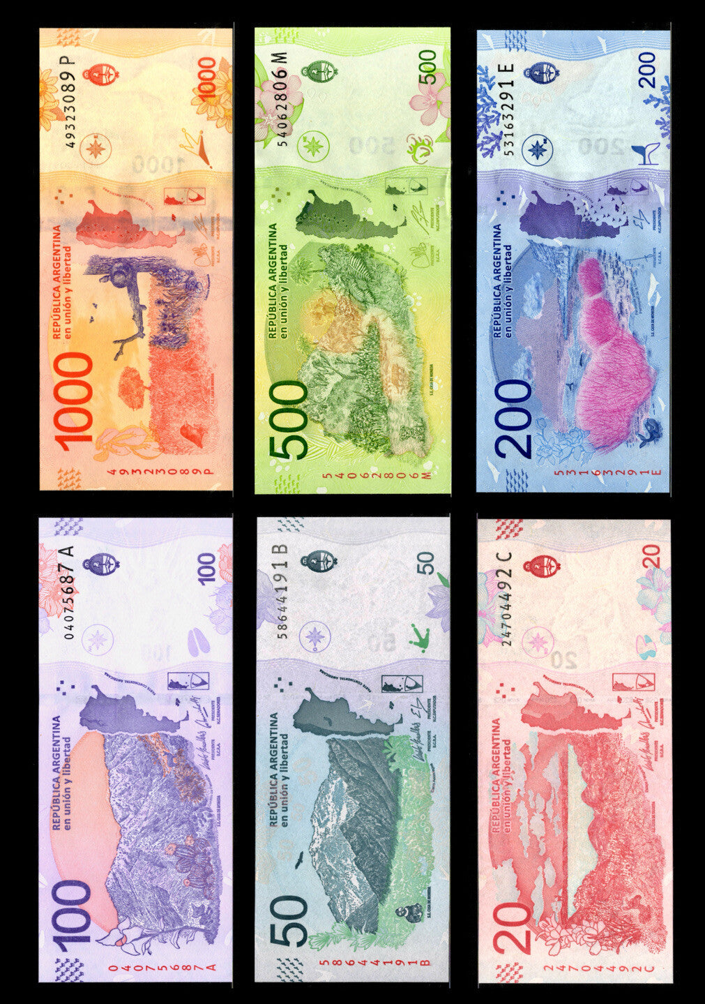 Argentina 20 50 100 200 500 1000 Pesos 6 Pcs SET NEW, 2016-2019 Banknote ND UNC2