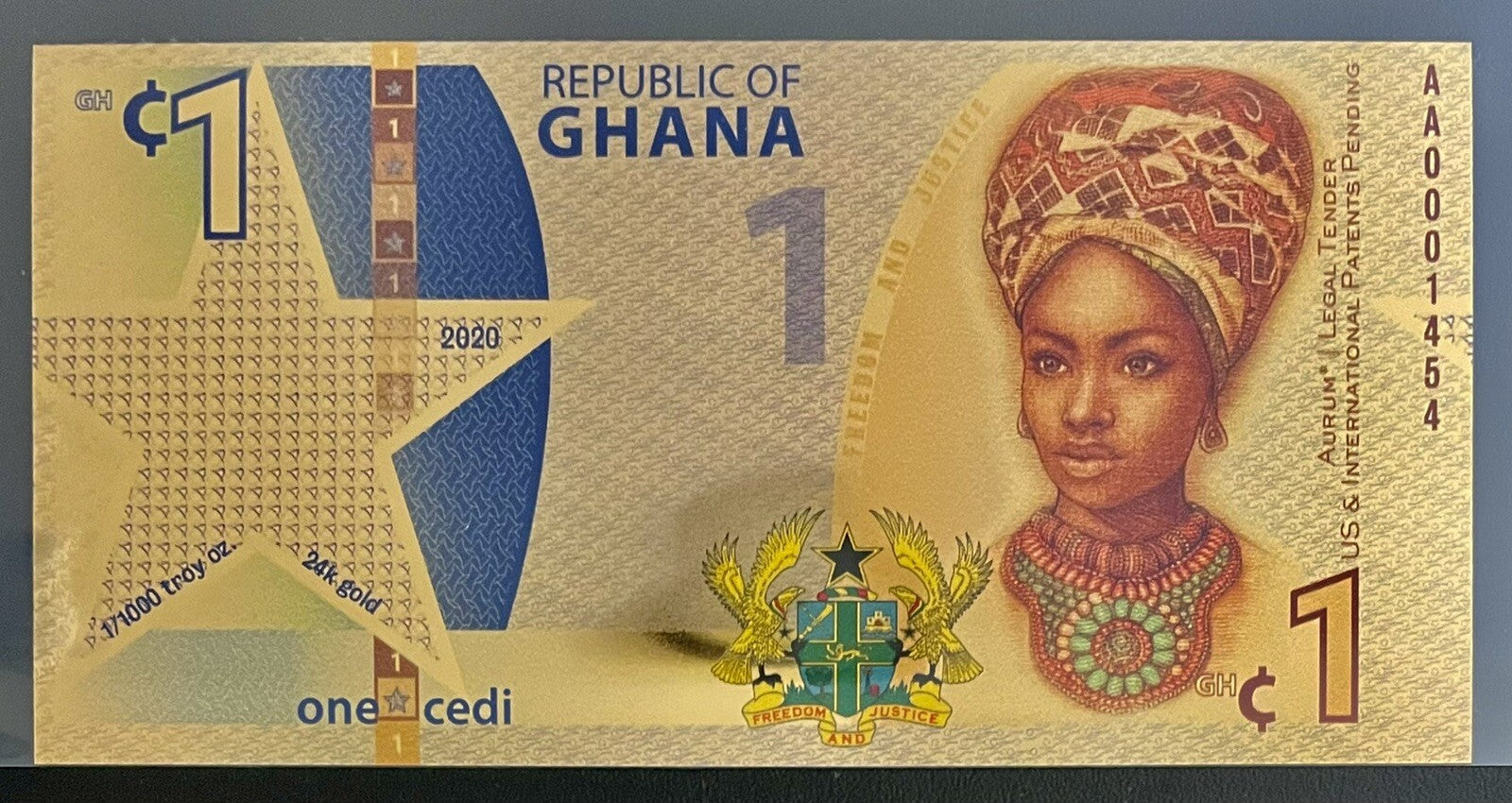 Ghana 1 Cedi Aurum 24k gold Banknote 2020 Uncirculated **2 Day Free Shipping**1