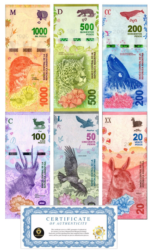Argentina 20 50 100 200 500 1000 Pesos 6 Pcs SET NEW, 2016-2019 Banknote ND UNC0