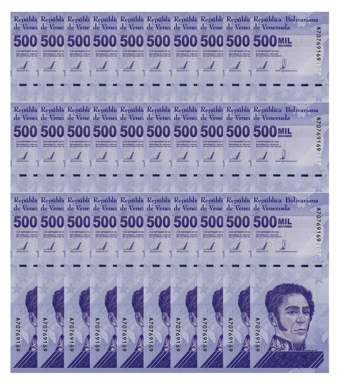Venezuela 500 Mil Bolivar Soberano 2020 UNC qty 30 PCS 500,000 (1/2 Million) New1