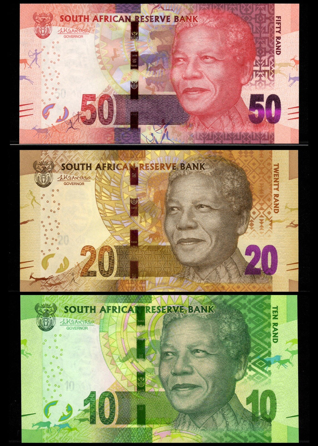 SET ; South Africa, 10, 20, 50 Rand, ND 2013 - 2018 UNC Banknote Nelson Mandela0