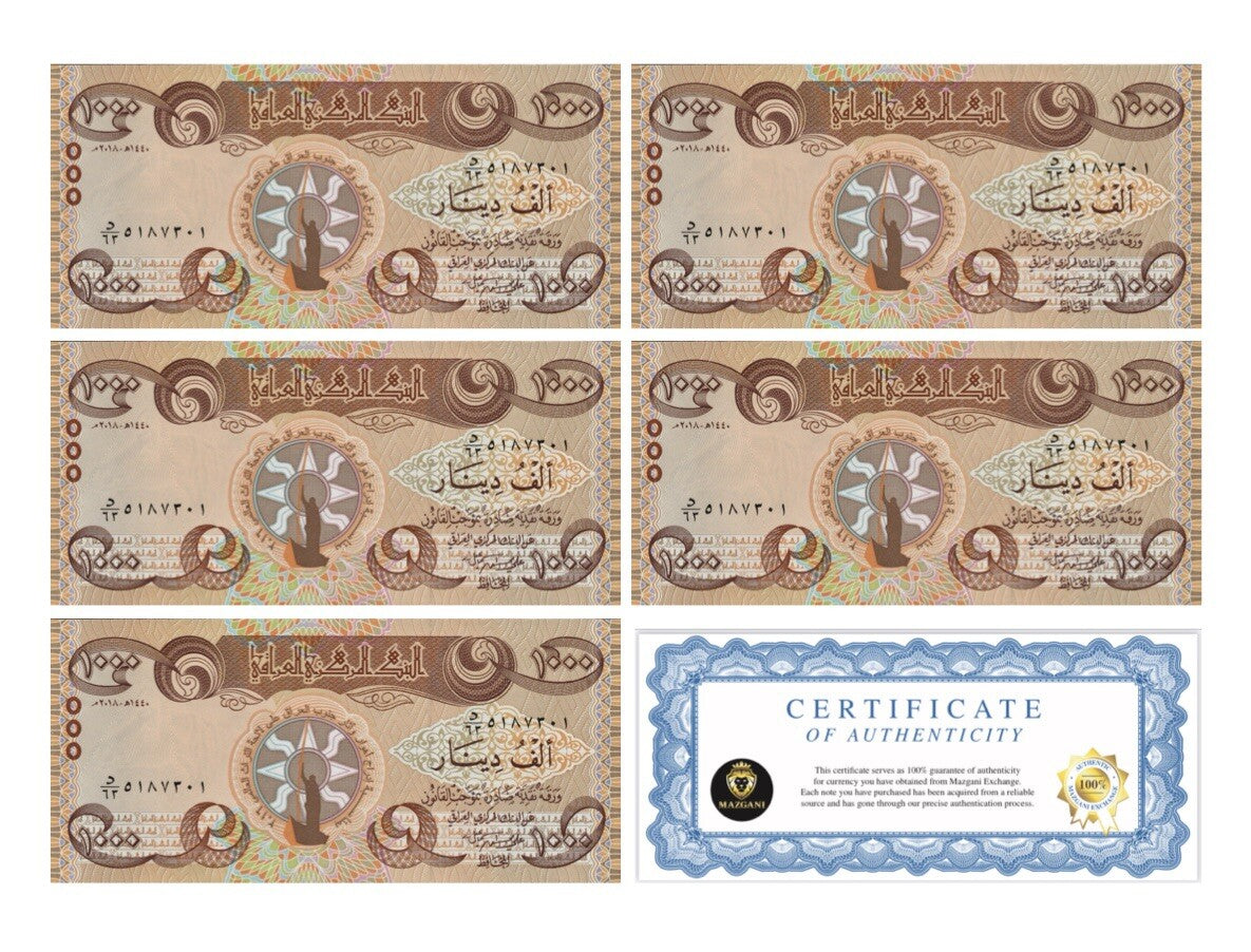 Iraq 5000 Dinar Banknotes 2018 UNC (5 x 1000 IQD) New 1000 Dinar qty 50