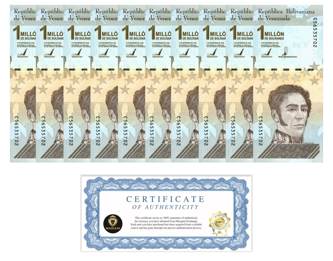 Venezuela 1 Million (1,000,000) Bolivar Soberano 2020 UNC X 10 PCS bundle New0