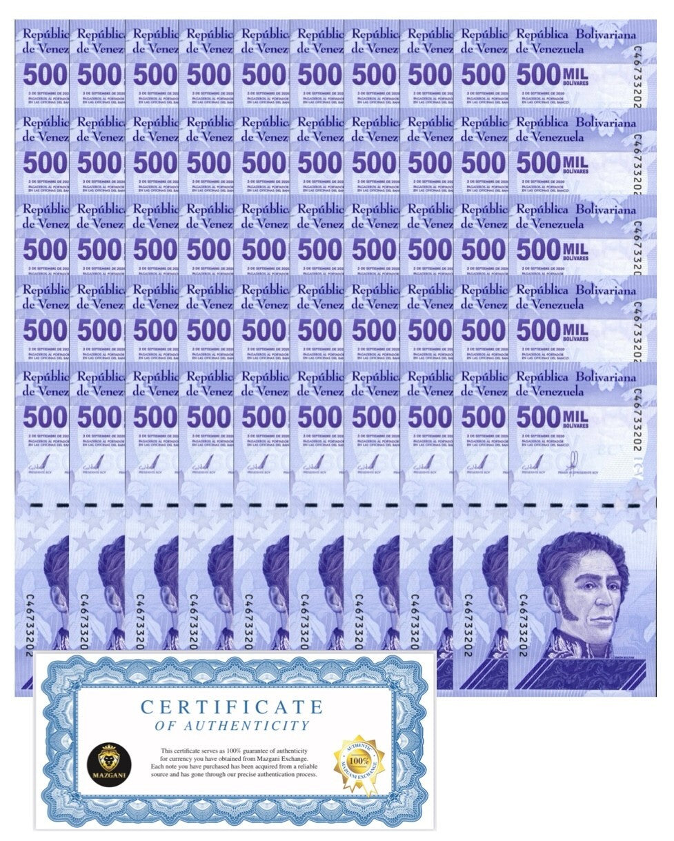 Venezuela 500 Mil Bolivar Soberano 2020 UNC qty 50 Pcs 1/2 Bundle New2