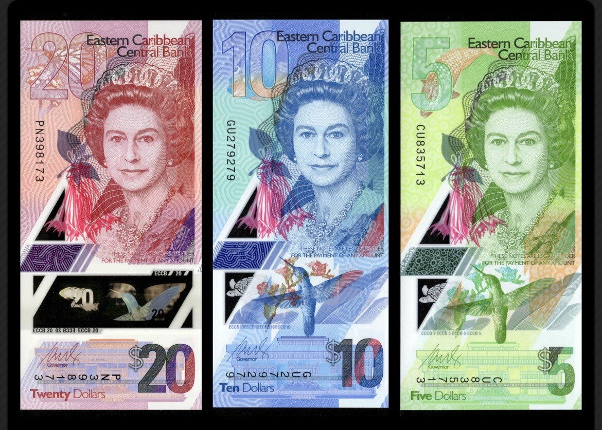 East Caribbean 3 Pcs SET 5, 10, 20 Dollars, 2019 P-New QE II Polymer UNC0