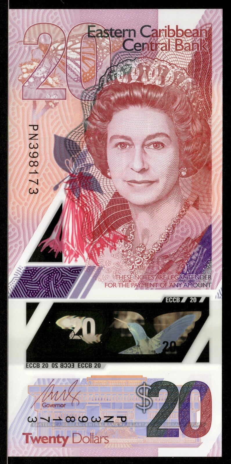 East Caribbean 20 Dollars, 2019 P-New Queen Elizabeth II Polymer Banknote UNC1