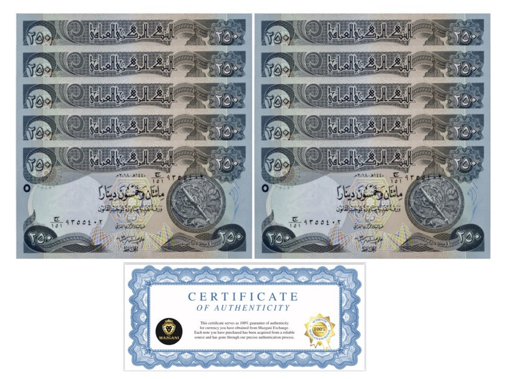 Iraq 2,500 Dinar Banknotes UNC (10 x 250 IQD) New, 250 Iraqi Dinar qty 100