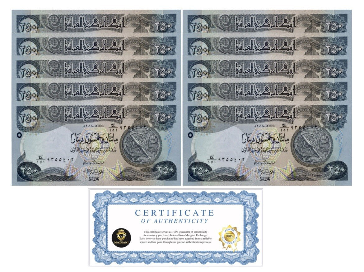 Iraq 2,500 Dinar Banknotes UNC (10 x 250 IQD) New, 250 Iraqi Dinar qty 100