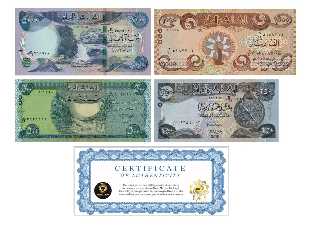 Iraq 5000 1000 500 250 Dinar Banknotes set UNC (6,750 IQD Total) New COA USA0