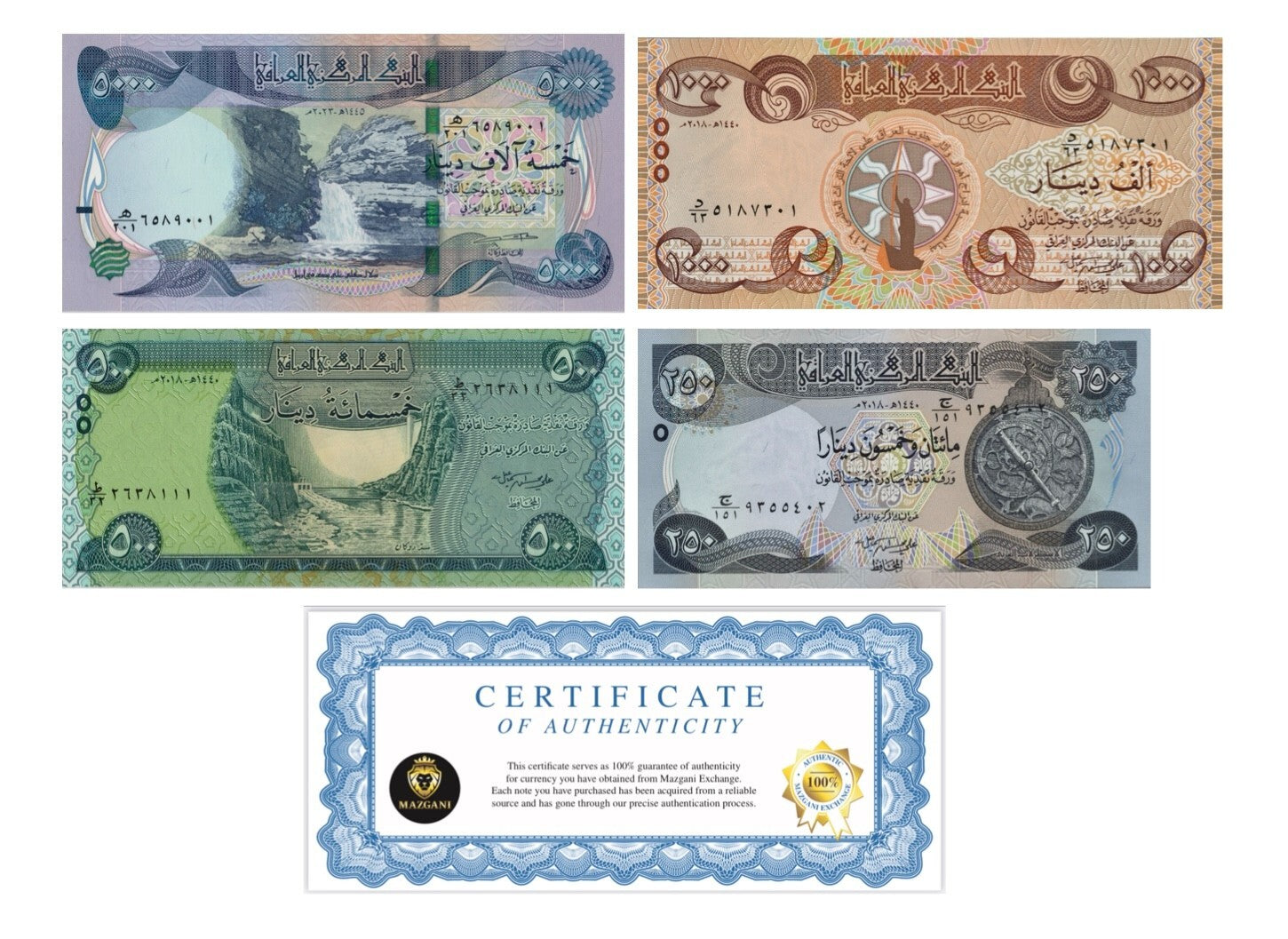 Iraq 5000 1000 500 250 Dinar Banknotes set UNC (6,750 IQD Total) New COA USA0