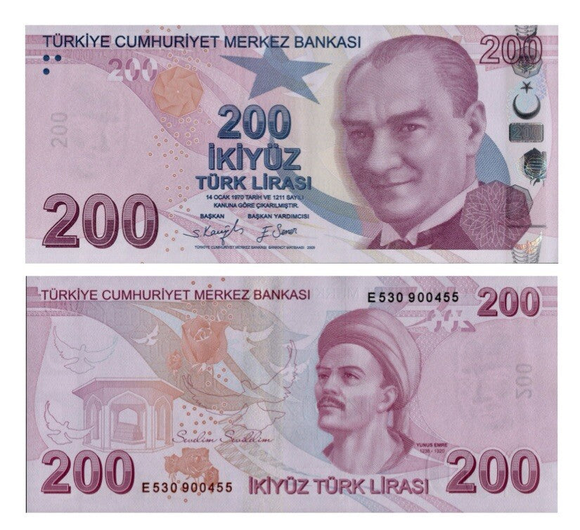 Turkey 200, 100, 50, 20, 10, 5 Lira Banknote 6 Pcs SET 2009 (2020) ND, UNC NEW4