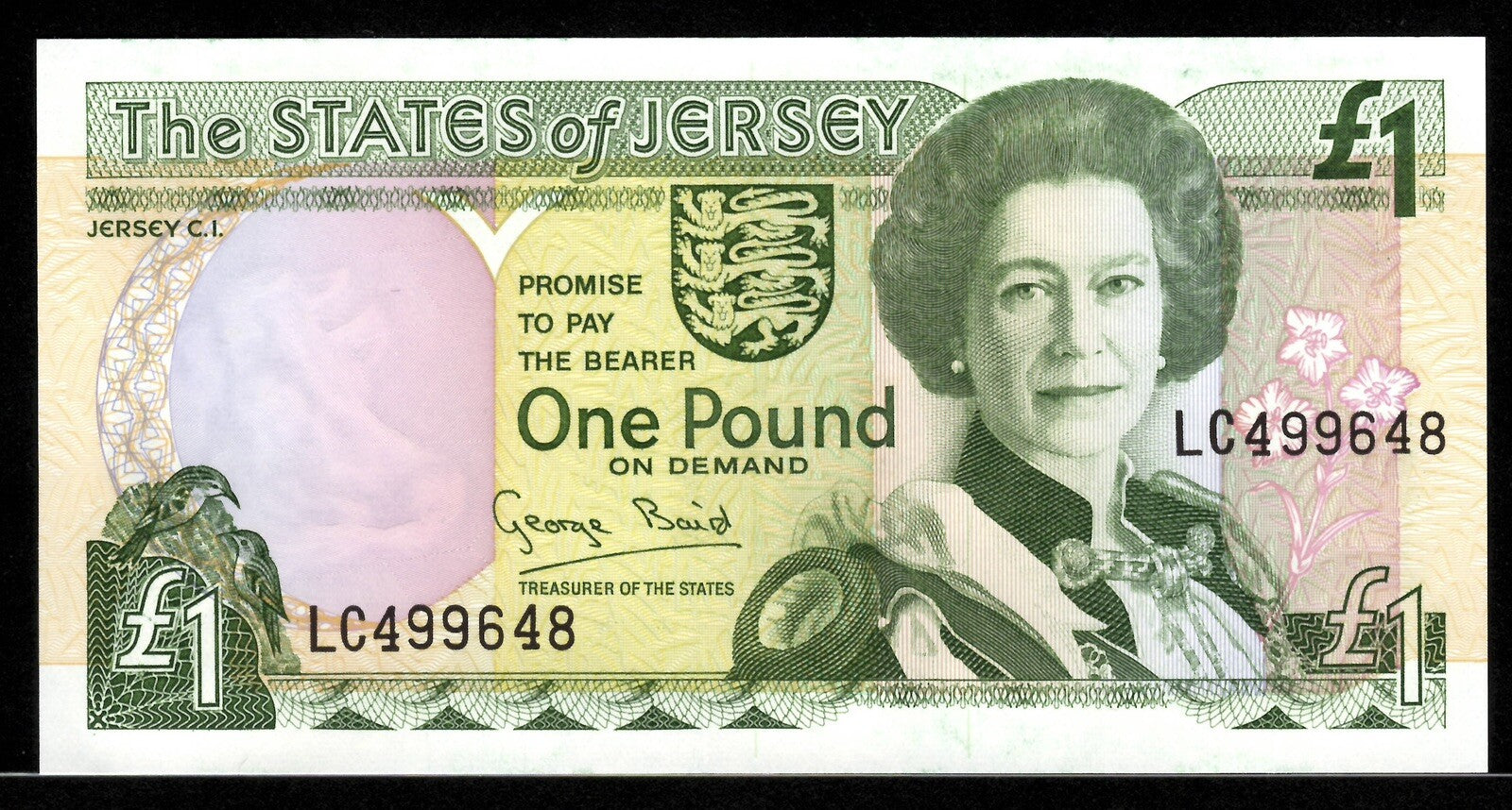JERSEY 1 POUND BANKNOTE P20 1993 QUEEN ELIZABETH II Prefix-LC UNC 1