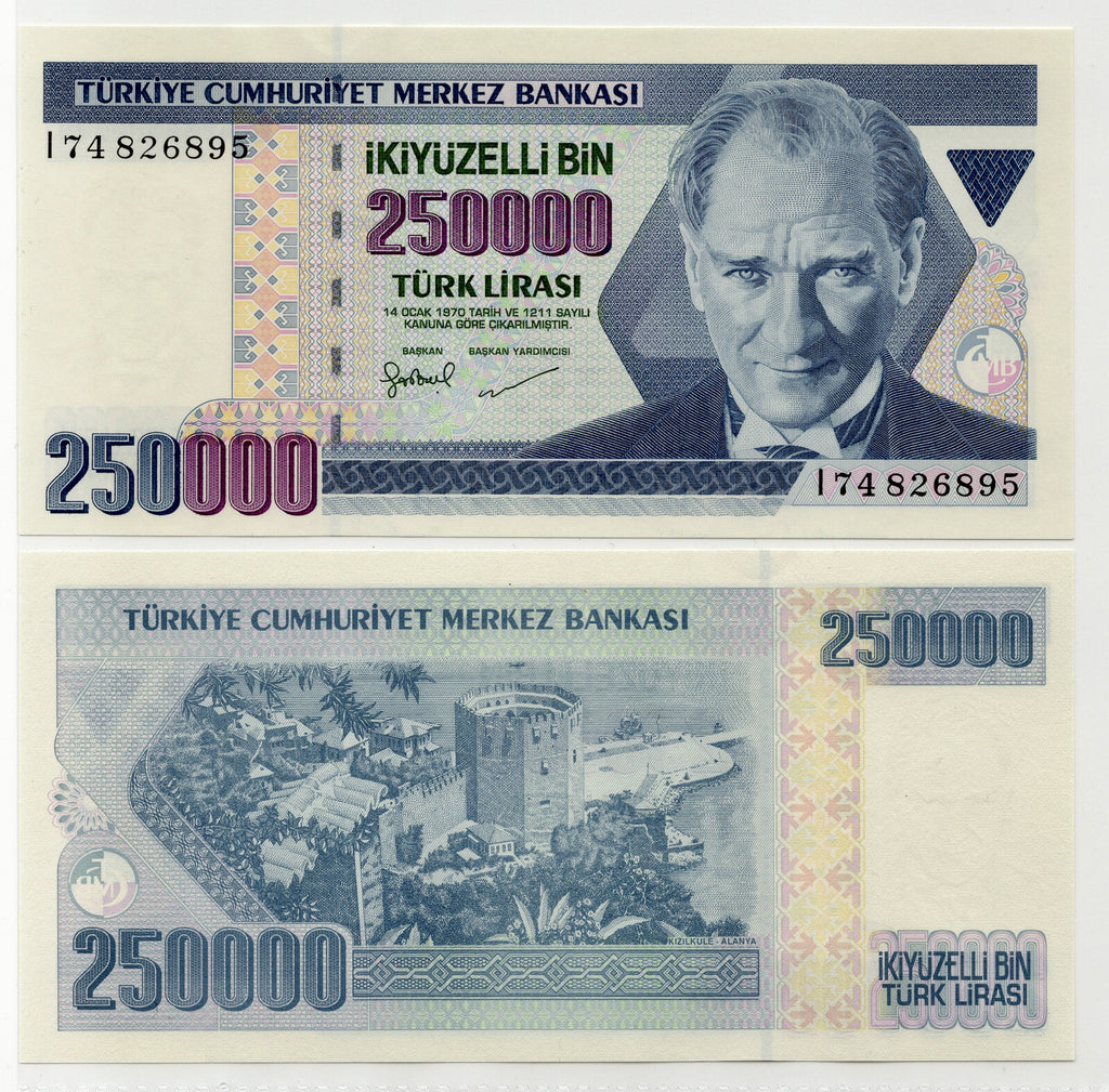 TURKEY  250,000 (1/4 MILLION) LIRA P-211 1998  ATATURK MONUMENT UNC BANKNOTE0