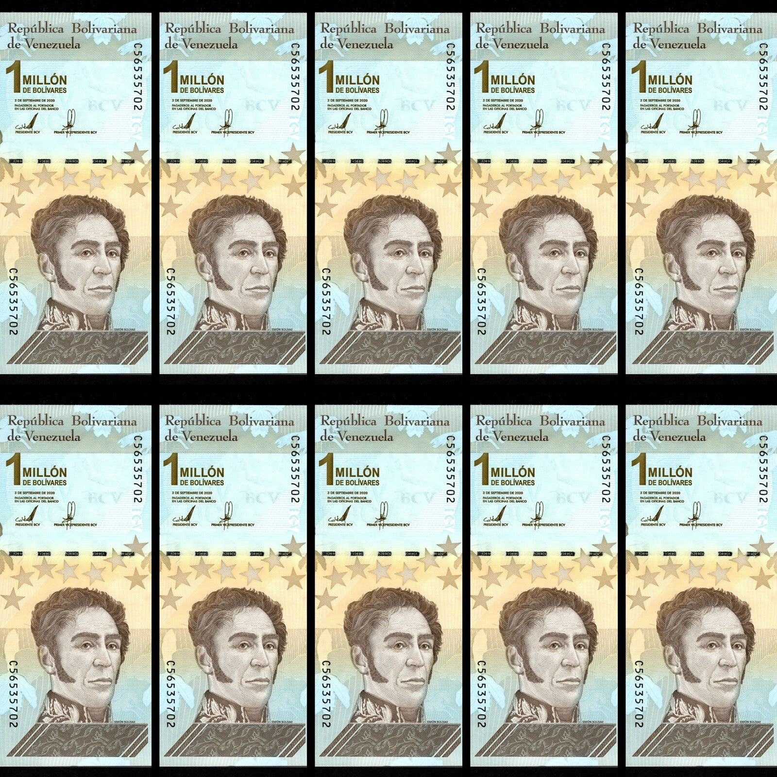 Venezuela 1 Million (1,000,000) Bolivar Soberano 2020 UNC X 10 PCS bundle New1