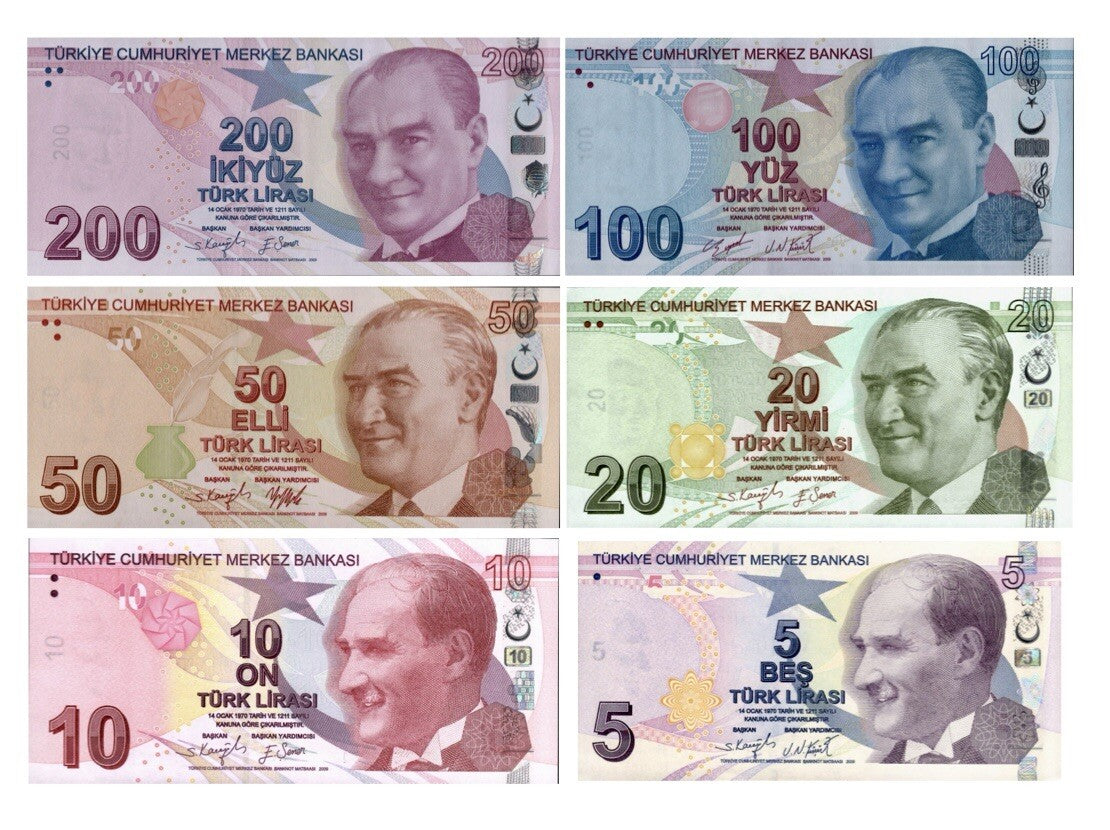 Turkey 200, 100, 50, 20, 10, 5 Lira Banknote 6 Pcs SET 2009 (2020) ND, UNC NEW1