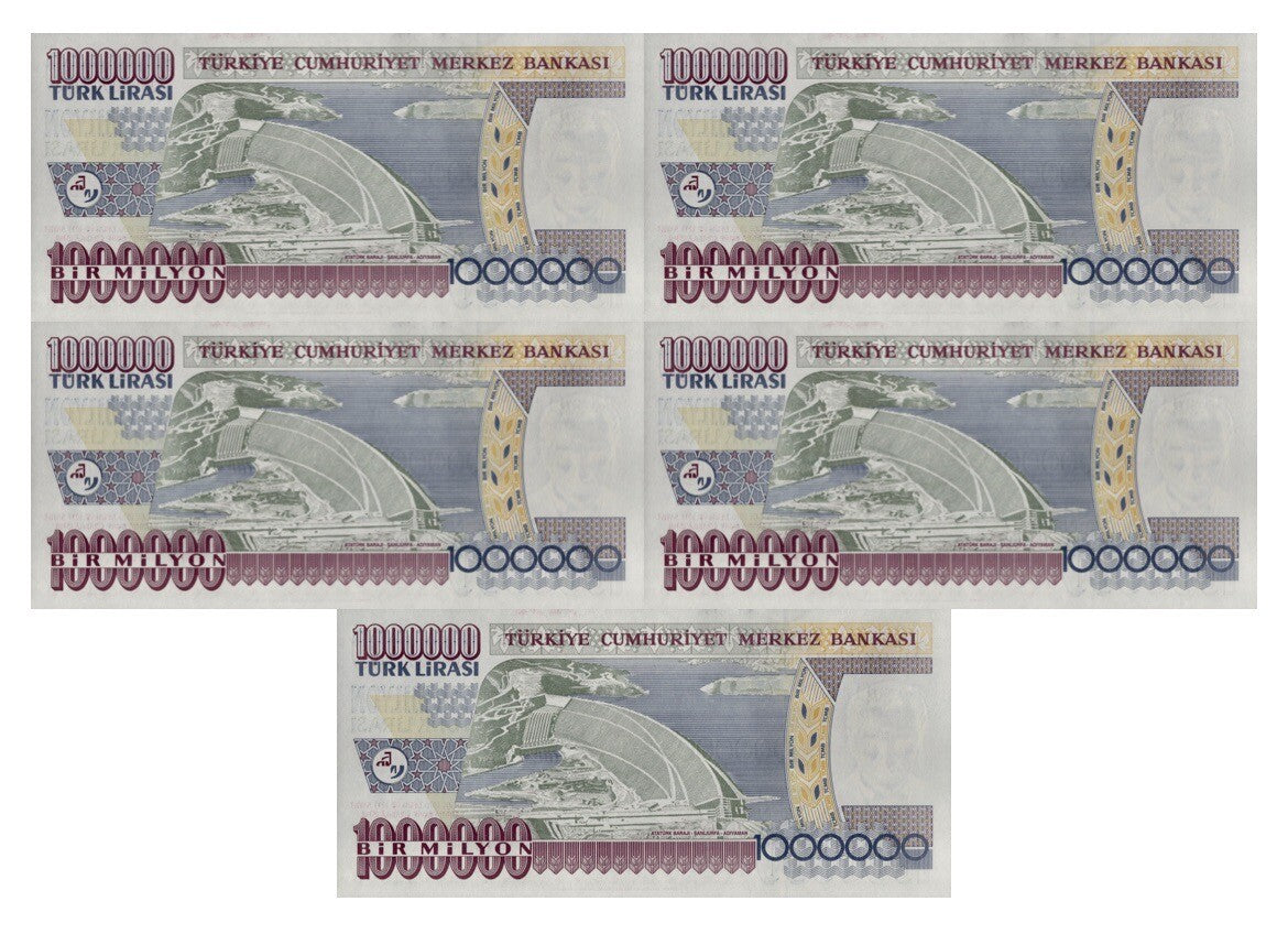 TURKEY 1,000,000 Lira qty 5 (5 MILLION TL Total) 1970-2002 UNC BANKNOTE USA1