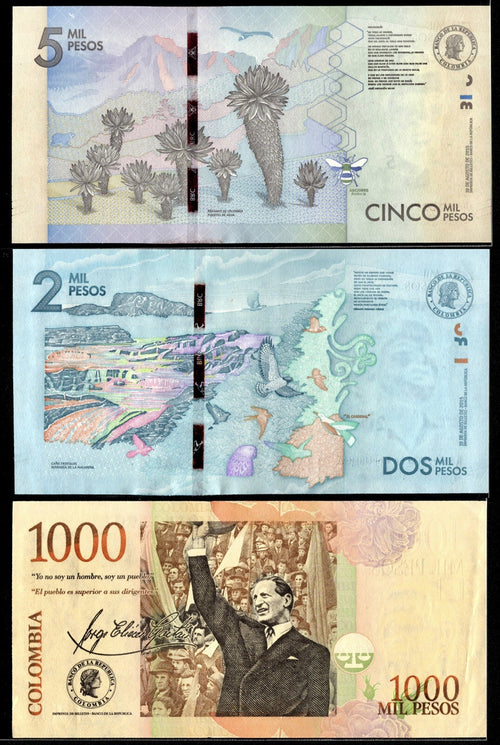Colombia 5000, 2000, 1000 Pesos 3 Pcs set 2015 Banknote UNC New1