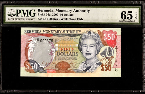 Bermuda 50 Dollars 2000 P-54a UNC PMG GEM 65 EPQ low Serial # * 2 DAY SHIPPING*0