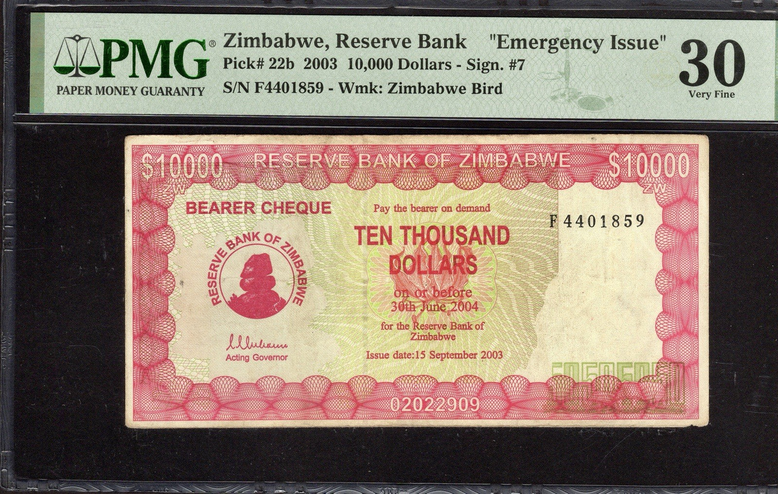 Zimbabwe 10000 Dollars Bearer Cheque 2003 P22b PMG 30 EPQ Cir. Emergency Issue0