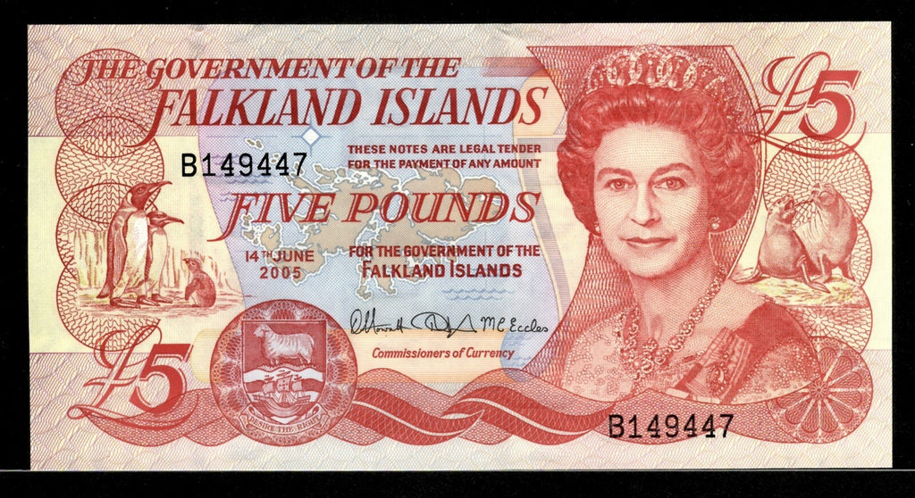 Falkland Islands 5 £ Pounds, 2005, British Administration P-17a, UNC QEII1