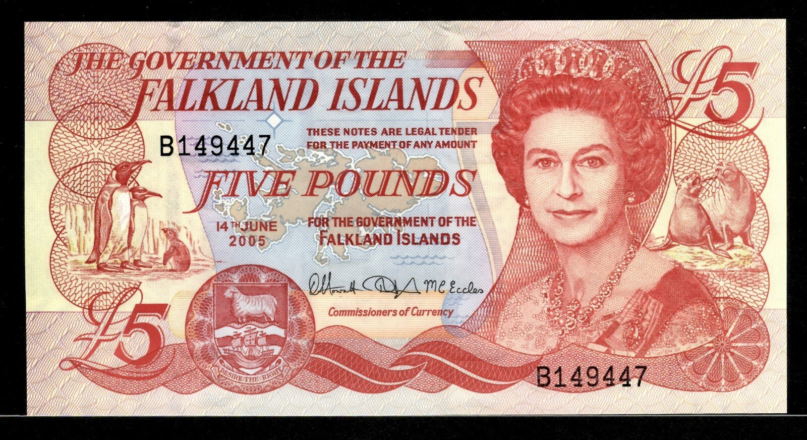 Falkland Islands 5 £ Pounds, 2005, British Administration P-17a, UNC QEII1