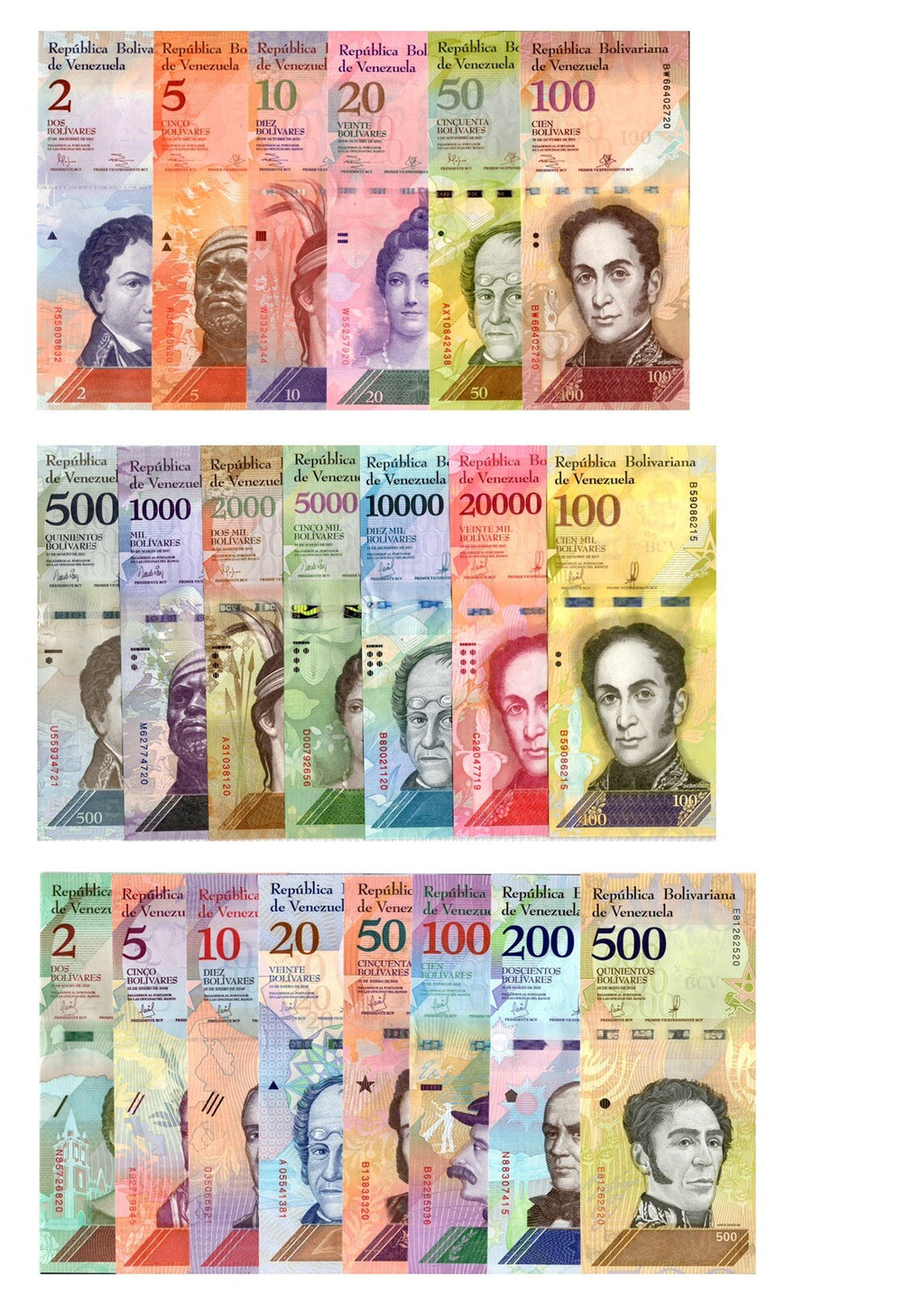Venezuela FULL SET 2-100,000 Bolivares, & 2- 500 Soberano , 21 Pcs UNC Banknotes0