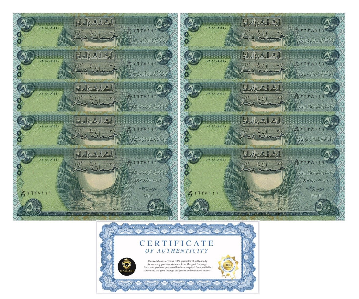 Iraq 5,000 Dinar Banknotes UNC (10 x 500 IQD) New; 500 Iraqi Dinar qty 100